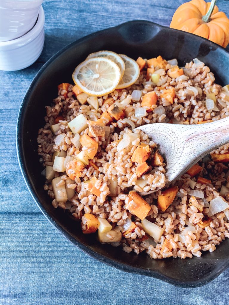 warm sweet potato farro salad