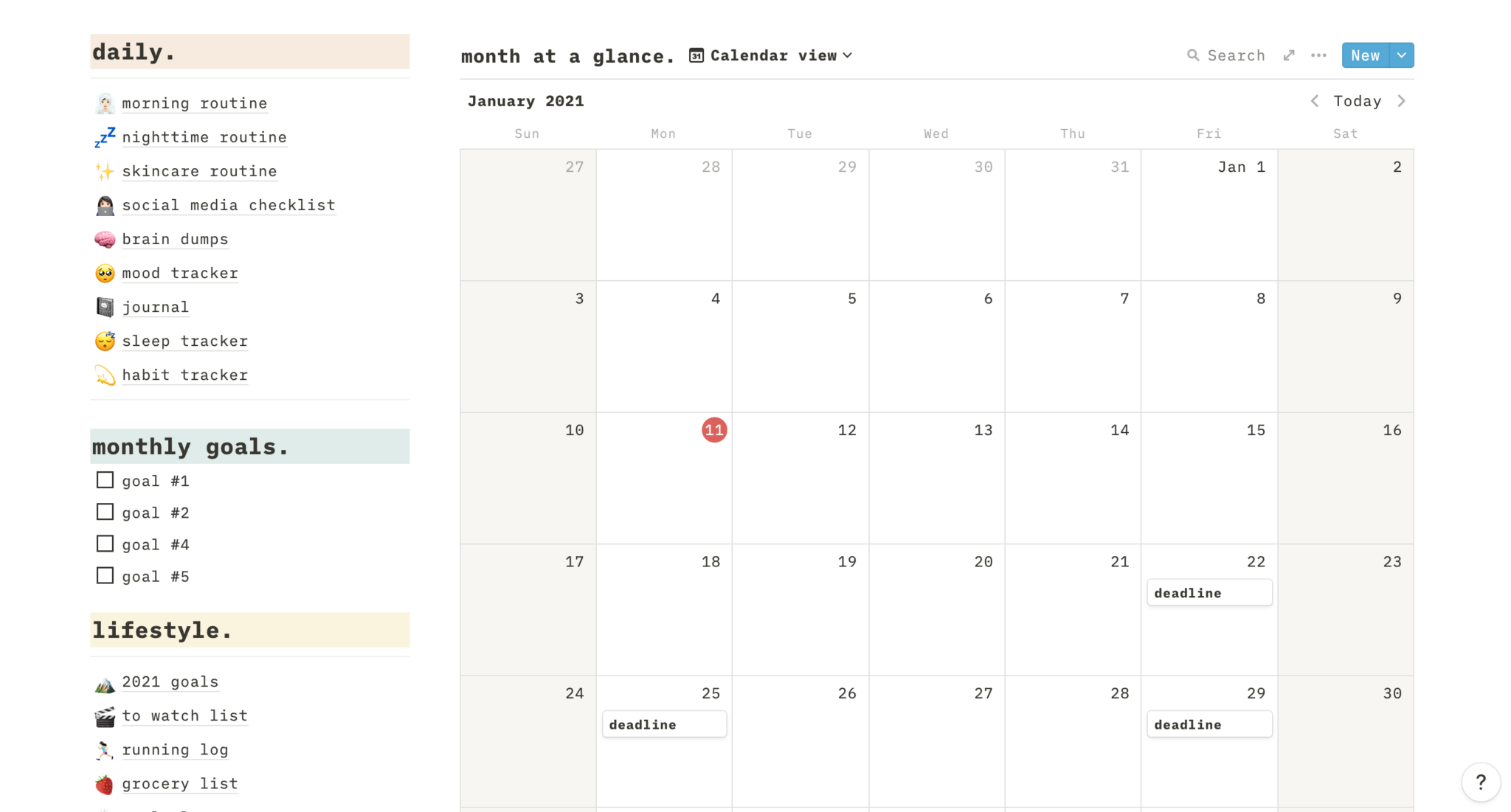 Notion Monthly Calendar Template